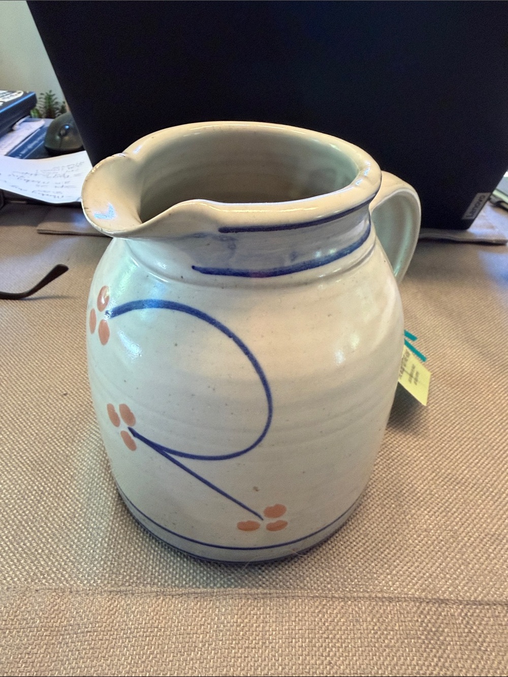 Handcrafted Ceramic Pitcher in Cream and Blue with Peach Accents